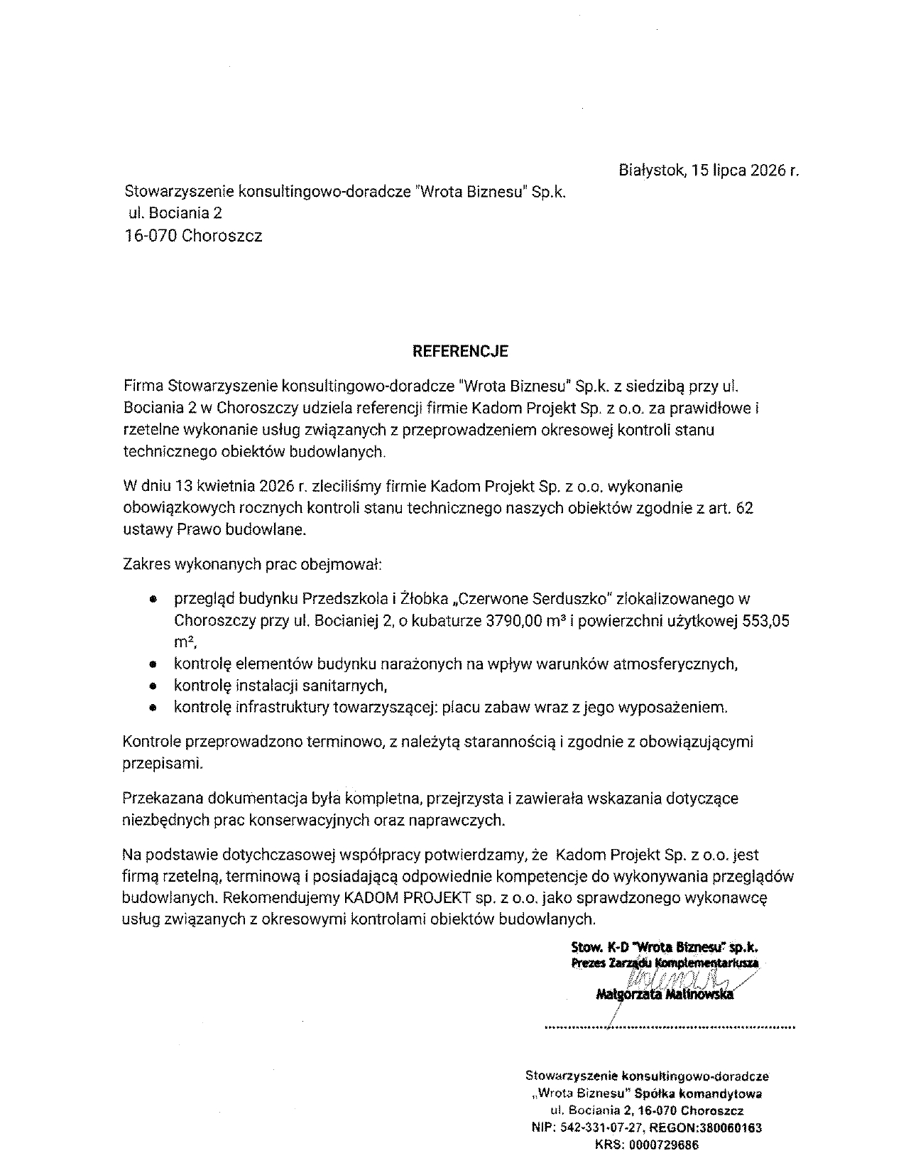 Skan referencji dotyczącej: Przedszkole i Żłobek Czerwone Serduszko