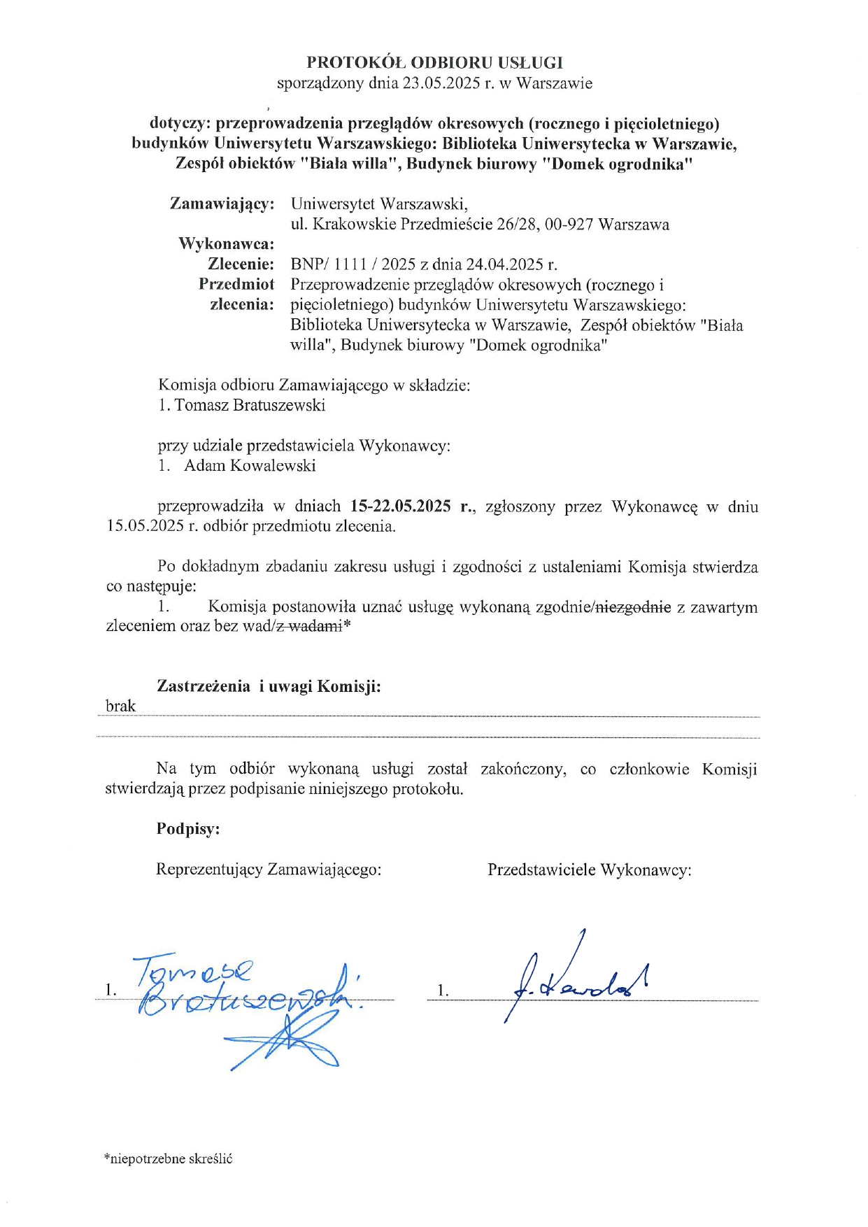 Skan referencji dotyczącej: Biblioteka Uniwersytecka w Warszawie – przeglądy okresowe