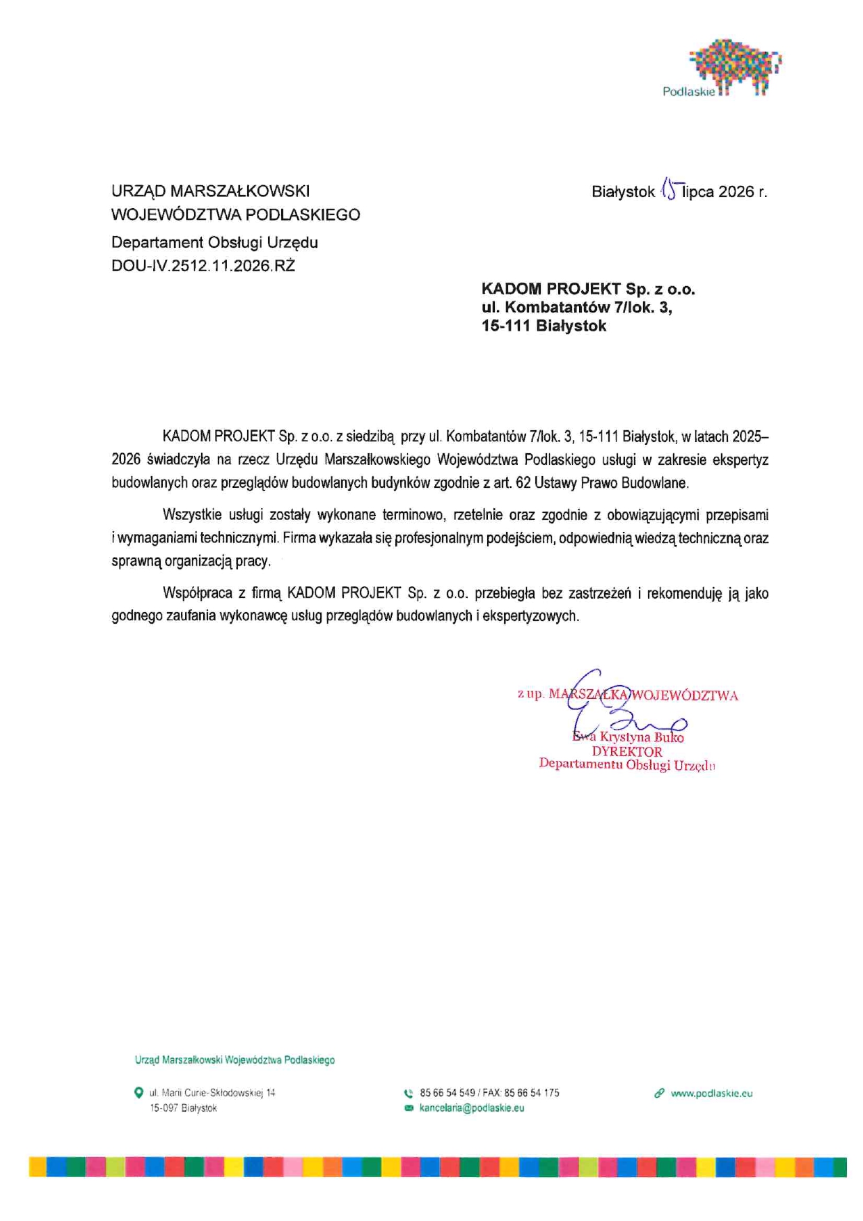 Skan referencji dotyczącej: Urząd Marszałkowski Województwa Podlaskiego – przegląd okresowy
